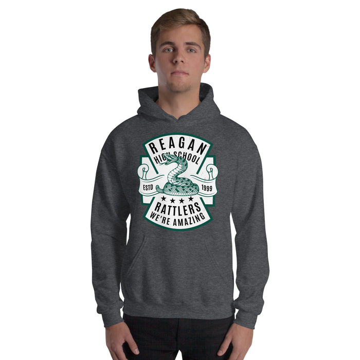 Man wearing Reagan High School Rattlers Dark Grey Classic Unisex Hoodie 207