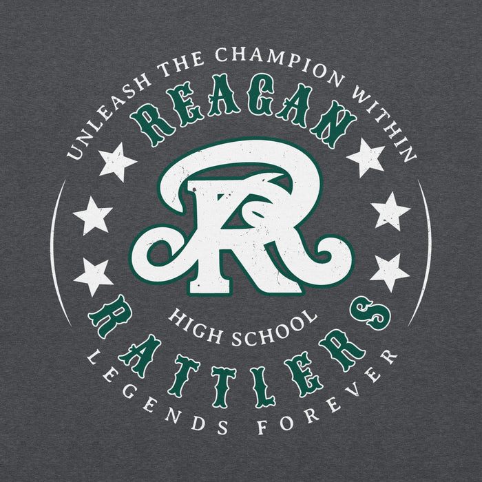 Close-up view of Reagan High School Rattlers Dark Grey Classic Unisex Hoodie 214