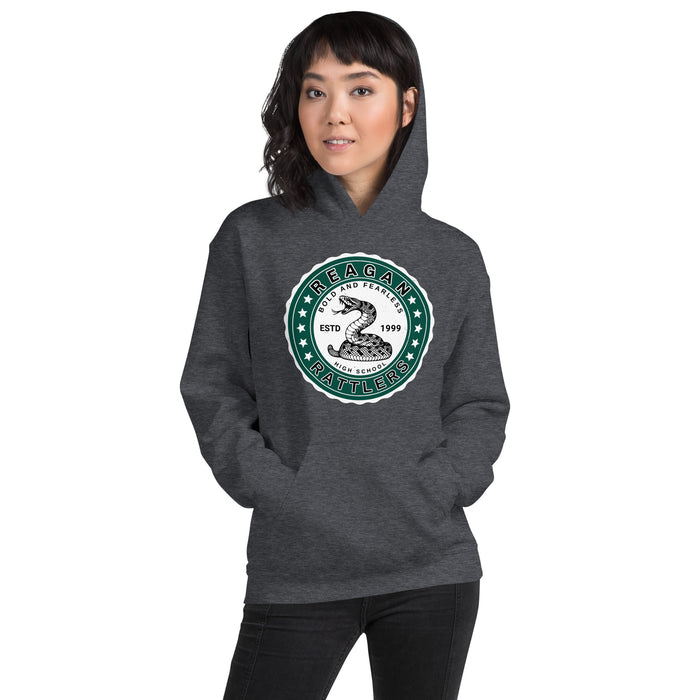 Woman wearing Reagan High School Rattlers Dark Grey Classic Unisex Hoodie 216