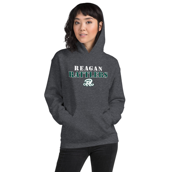 Woman wearing Reagan High School Rattlers Dark Grey Classic Unisex Hoodie 222