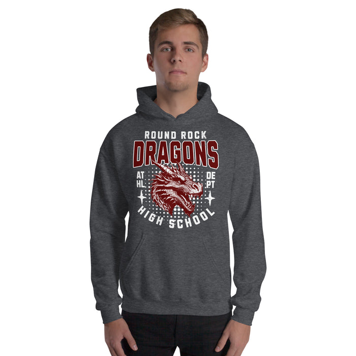 Man wearing Round Rock High School Dragons Dark Grey Classic Unisex Hoodie 204