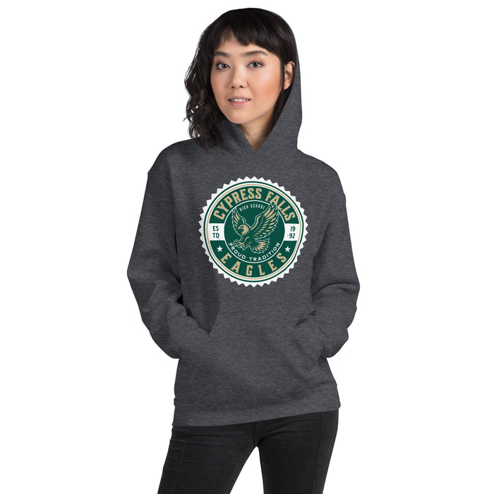 Woman wearing Cypress Falls High School Eagles Dark Grey Heather Classic Unisex Hoodie 203
