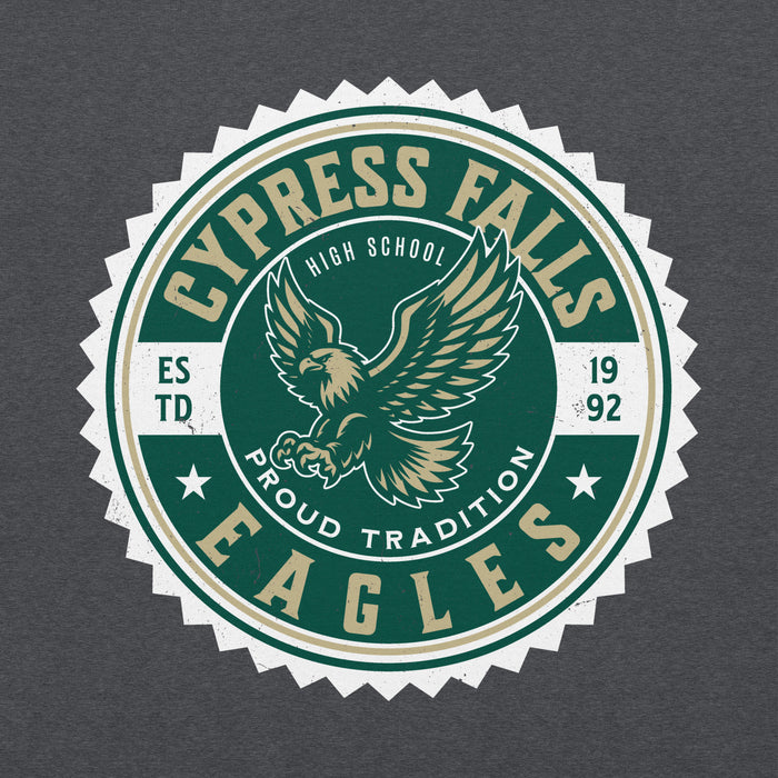 Close-up view of Cypress Falls High School Eagles Dark Grey Heather Classic Unisex Hoodie 203