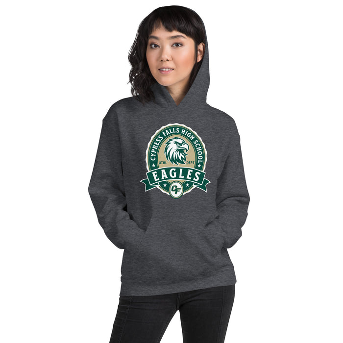 Woman wearing Cypress Falls High School Eagles Dark Grey Heather Classic Unisex Hoodie 212