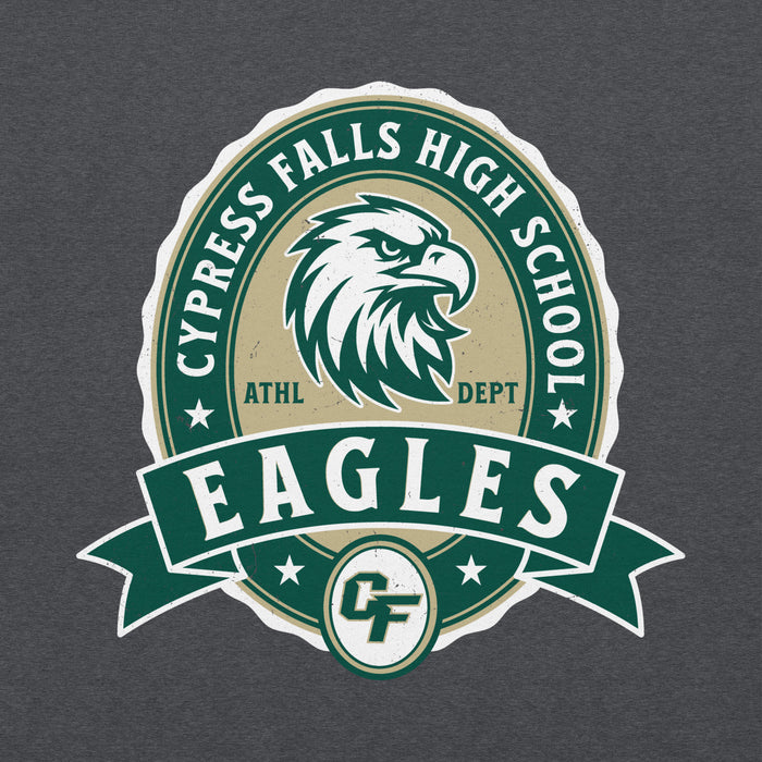 Close-up view of Cypress Falls High School Eagles Dark Grey Heather Classic Unisex Hoodie 212