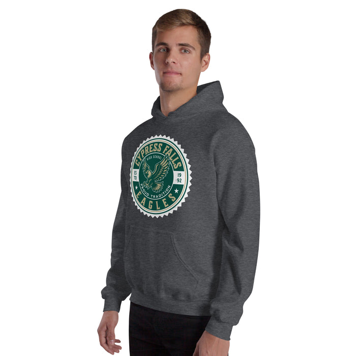 Close-up view of Cypress Falls High School Eagles Dark Grey Heather Classic Unisex Hoodie 203