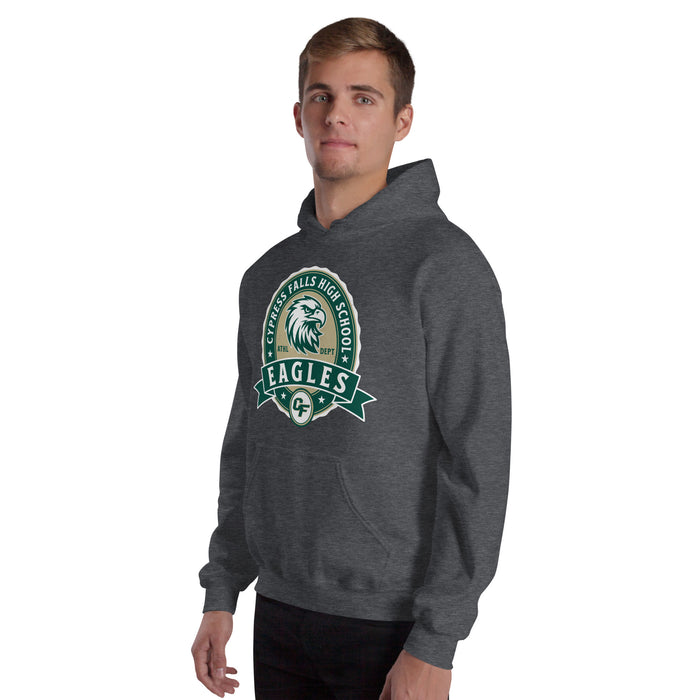 Man wearing Cypress Falls High School Eagles Dark Grey Heather Classic Unisex Hoodie 212