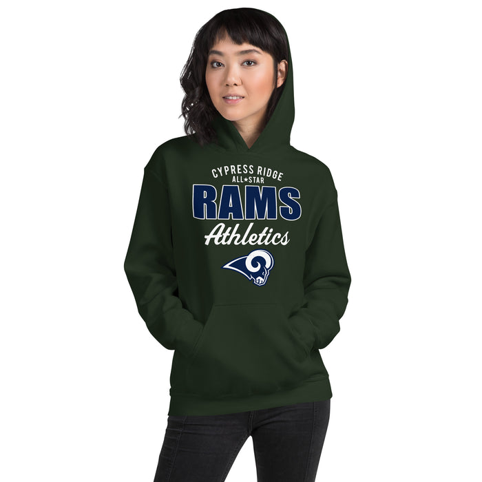 Woman wearing Cypress Ridge High School Rams Forest Green Classic Unisex Hoodie 034