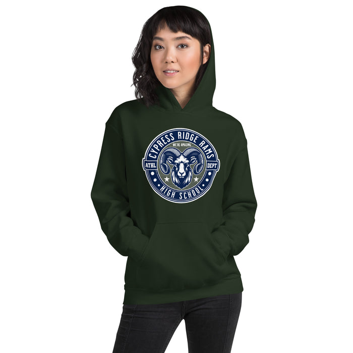 Woman wearing Cypress Ridge High School Rams Forest Green Classic Unisex Hoodie 224