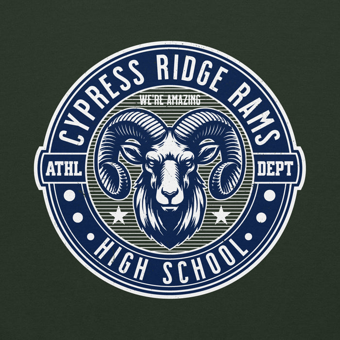Close-up view of Cypress Ridge High School Rams Forest Green Classic Unisex Hoodie 224