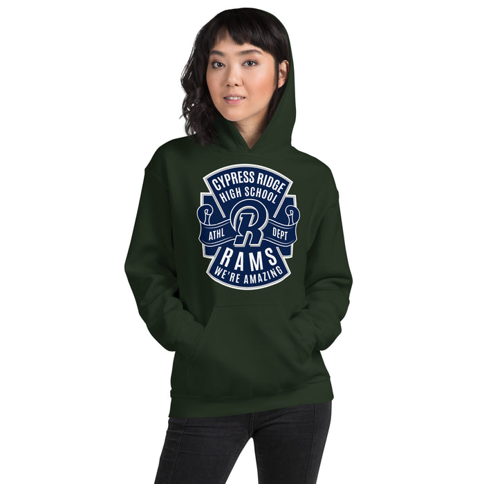 Woman wearing Cypress Ridge High School Rams Forest Green Classic Unisex Hoodie 207