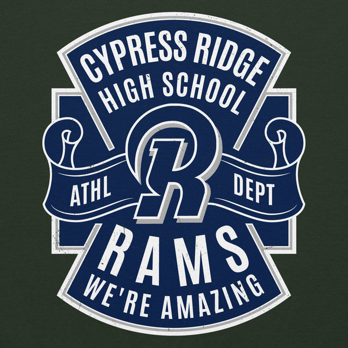 Close-up view of Cypress Ridge High School Rams Forest Green Classic Unisex Hoodie 207
