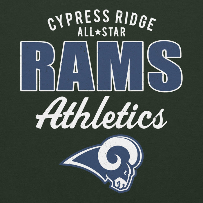 Close-up view of Cypress Ridge High School Rams Forest Green Classic Unisex Hoodie 034