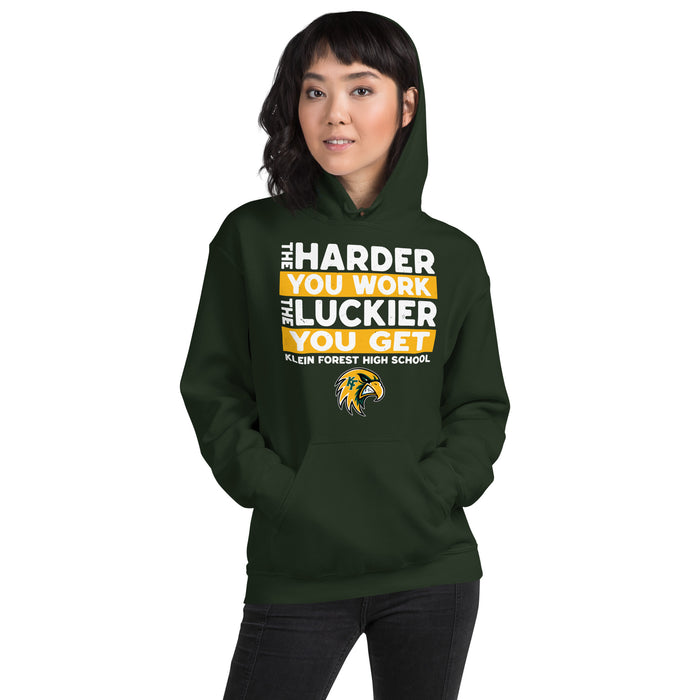 Woman wearing Klein Forest High School Golden Eagles Forest Green Classic Unisex Hoodie 238