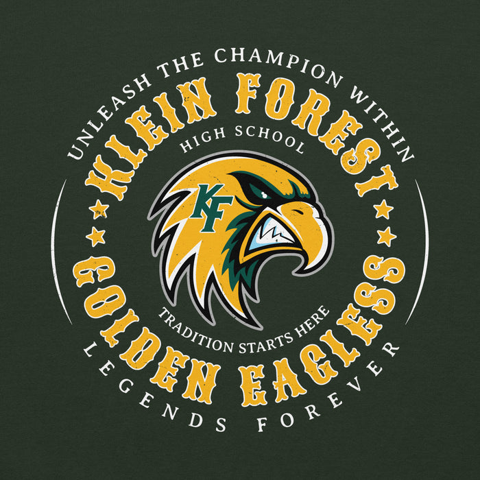 Close-up view of Klein Forest High School Golden Eagles Forest Green Classic Unisex Hoodie 214