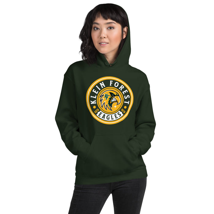 Woman wearing Klein Forest High School Golden Eagles Forest Green Classic Unisex Hoodie 220