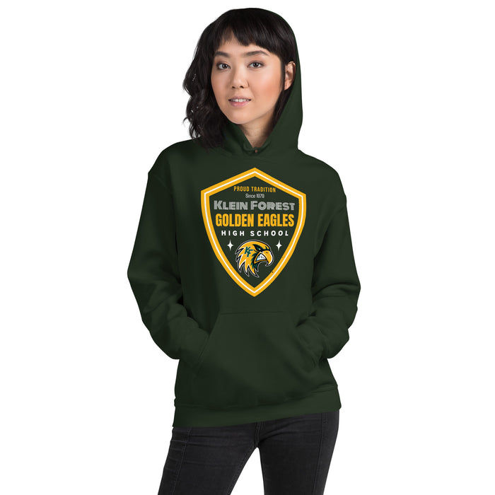 Woman wearing Klein Forest High School Golden Eagles Forest Green Classic Unisex Hoodie 225