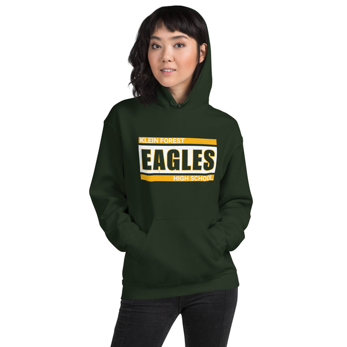 Woman wearing Klein Forest High School Golden Eagles Forest Green Classic Unisex Hoodie 098