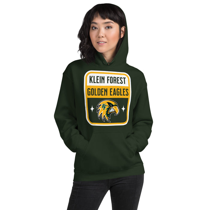 Woman wearing Klein Forest High School Golden Eagles Forest Green Classic Unisex Hoodie 001