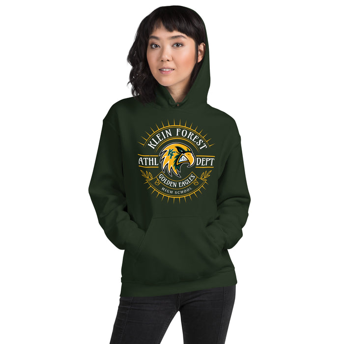 Woman wearing Klein Forest High School Golden Eagles Forest Green Classic Unisex Hoodie 201