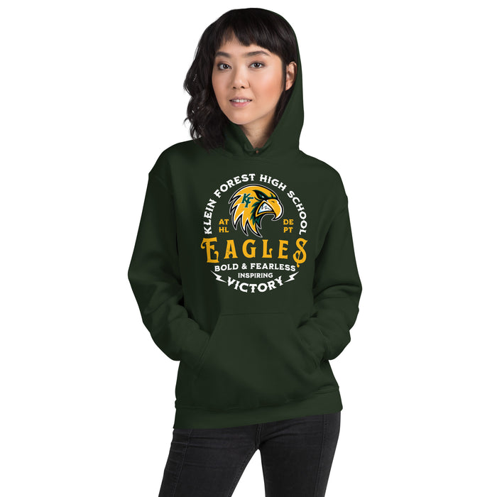Woman wearing Klein Forest High School Golden Eagles Forest Green Classic Unisex Hoodie 206