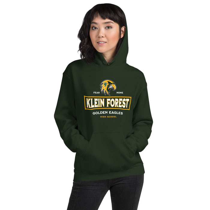 Woman wearing Klein Forest High School Golden Eagles Forest Green Classic Unisex Hoodie 202
