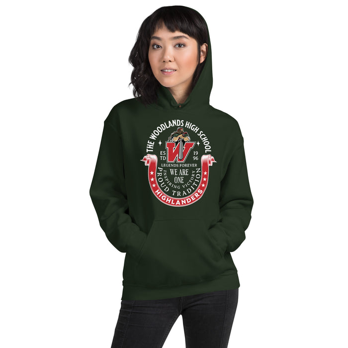 Woman wearing The Woodlands High School Highlanders Forest Green Classic Unisex Hoodie 229