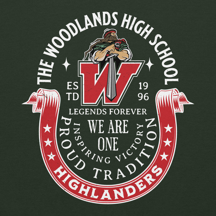 Close-up view of The Woodlands High School Highlanders Forest Green Classic Unisex Hoodie 229