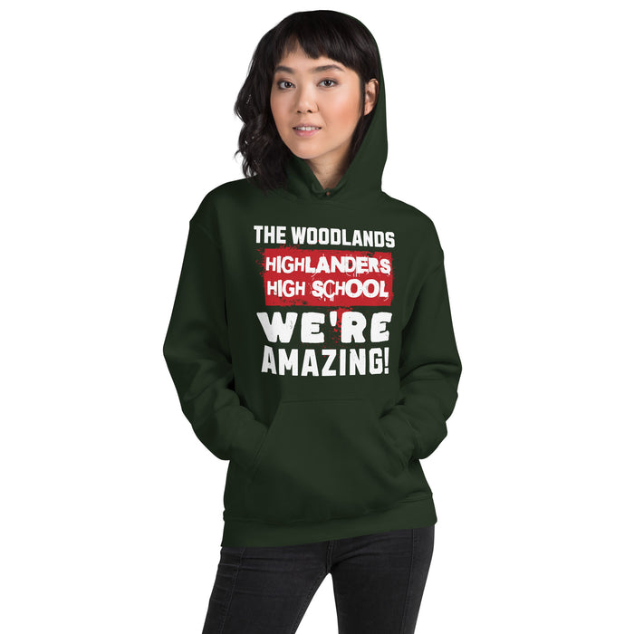 Woman wearing The Woodlands High School Highlanders Forest Green Classic Unisex Hoodie 231