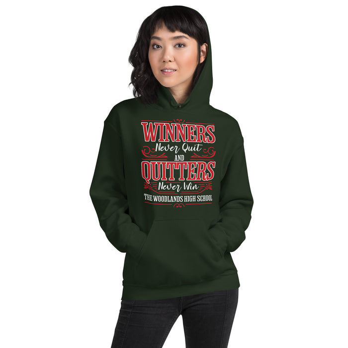 Woman wearing The Woodlands High School Highlanders Forest Green Classic Unisex Hoodie 237