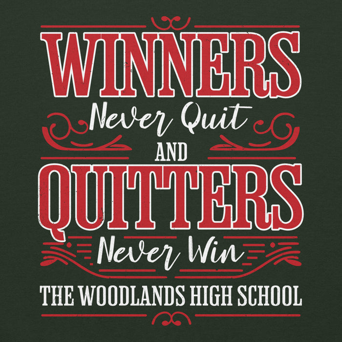 Close-up view of The Woodlands High School Highlanders Forest Green Classic Unisex Hoodie 237