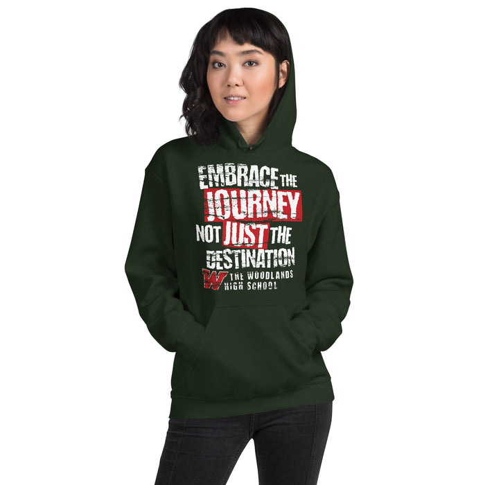 Woman wearing The Woodlands High School Highlanders Forest Green Classic Unisex Hoodie 232