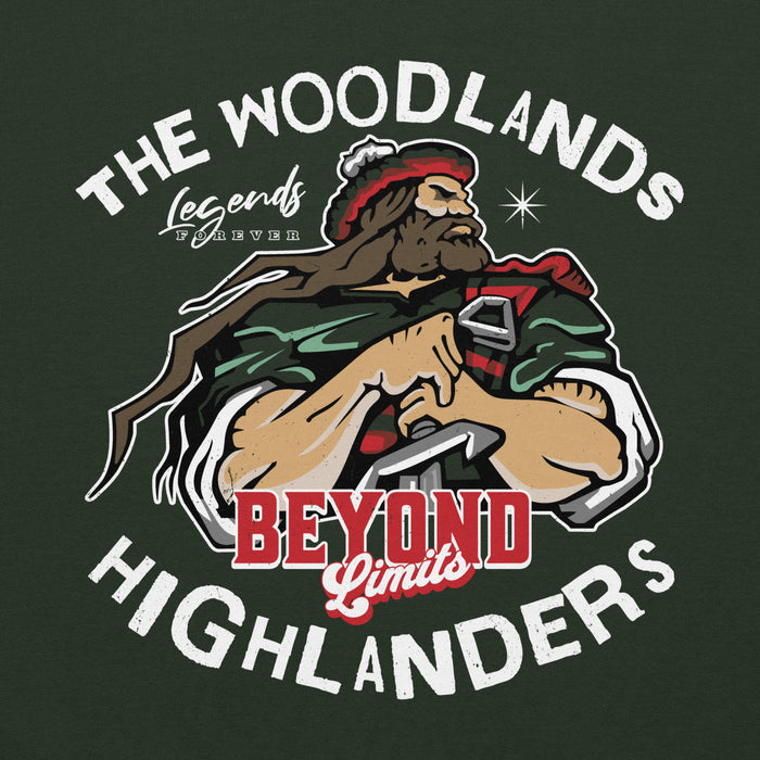 Close-up view of The Woodlands High School Highlanders Forest Green Classic Unisex Hoodie 228