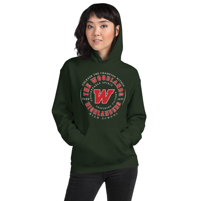 Woman wearing The Woodlands High School Highlanders Forest Green Classic Unisex Hoodie 214