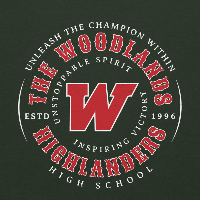 Close-up view of The Woodlands High School Highlanders Forest Green Classic Unisex Hoodie 214