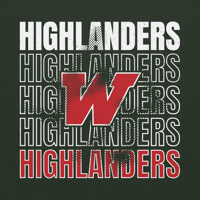 Close-up view of The Woodlands High School Highlanders Forest Green Classic Unisex Hoodie 233