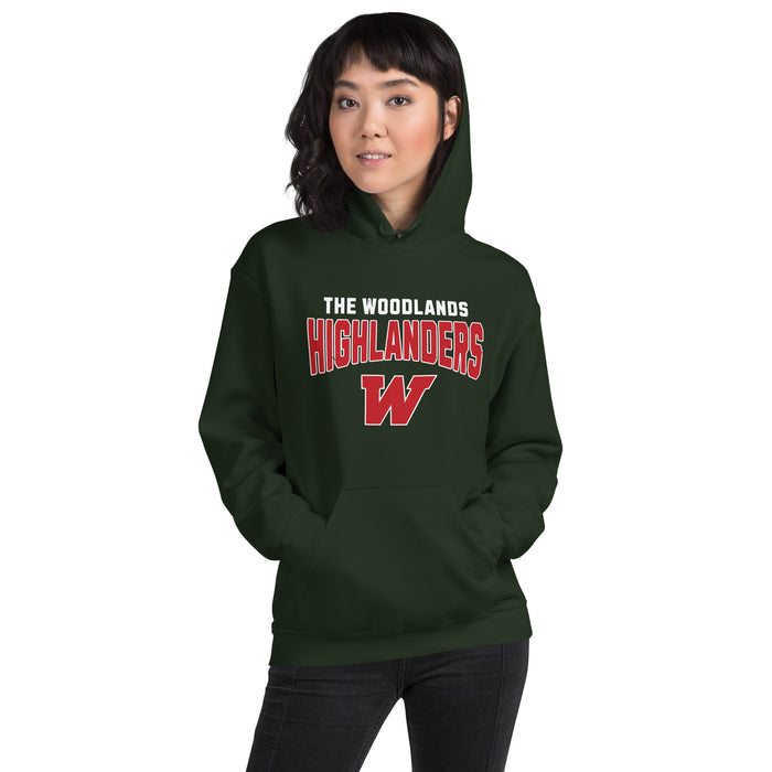 Woman wearing The Woodlands High School Highlanders Forest Green Classic Unisex Hoodie 234