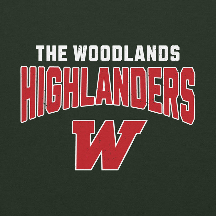 Close-up view of The Woodlands High School Highlanders Forest Green Classic Unisex Hoodie 234