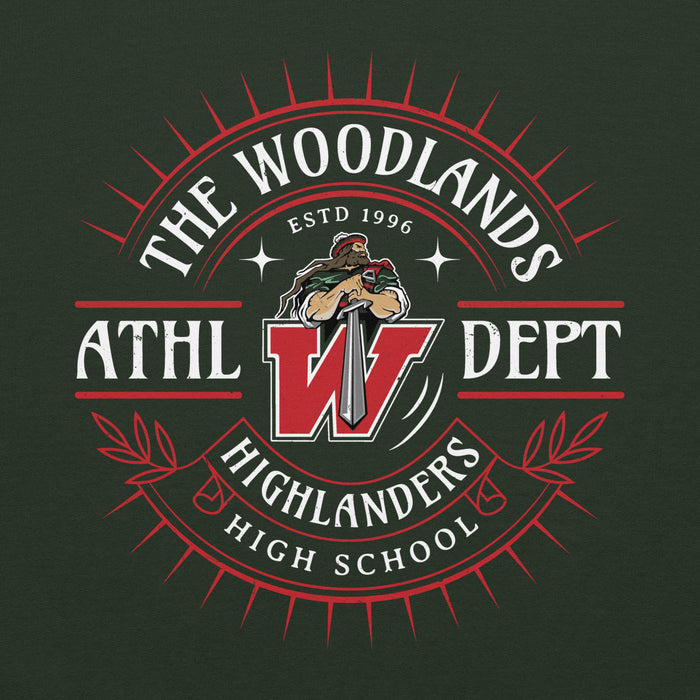 Close-up view of The Woodlands High School Highlanders Forest Green Classic Unisex Hoodie 201