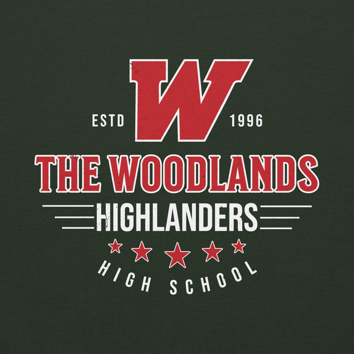 Close-up view of The Woodlands High School Highlanders Forest Green Classic Unisex Hoodie 217