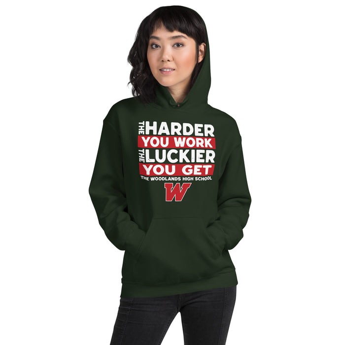 Woman wearing The Woodlands High School Highlanders Forest Green Classic Unisex Hoodie 238