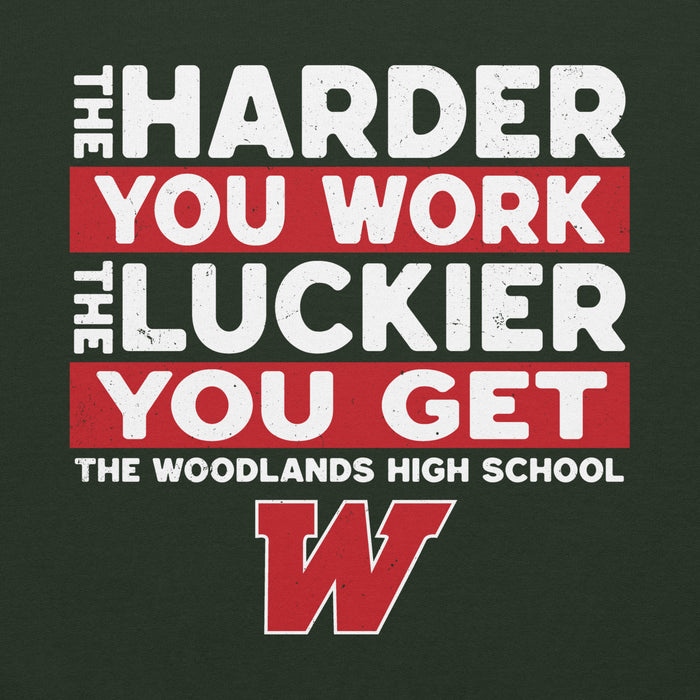 Close-up view of The Woodlands High School Highlanders Forest Green Classic Unisex Hoodie 238