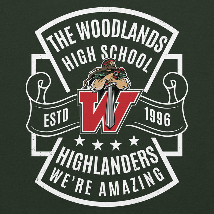 Close-up view of The Woodlands High School Highlanders Forest Green Classic Unisex Hoodie 207