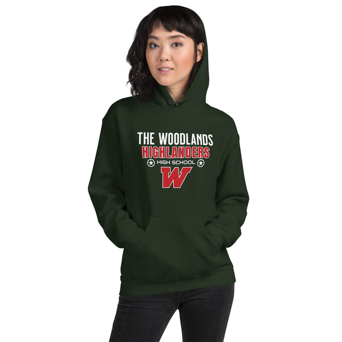 Woman wearing The Woodlands High School Highlanders Forest Green Classic Unisex Hoodie 003
