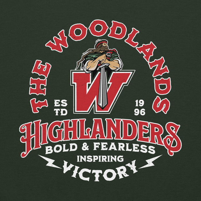Close-up view of The Woodlands High School Highlanders Forest Green Classic Unisex Hoodie 206