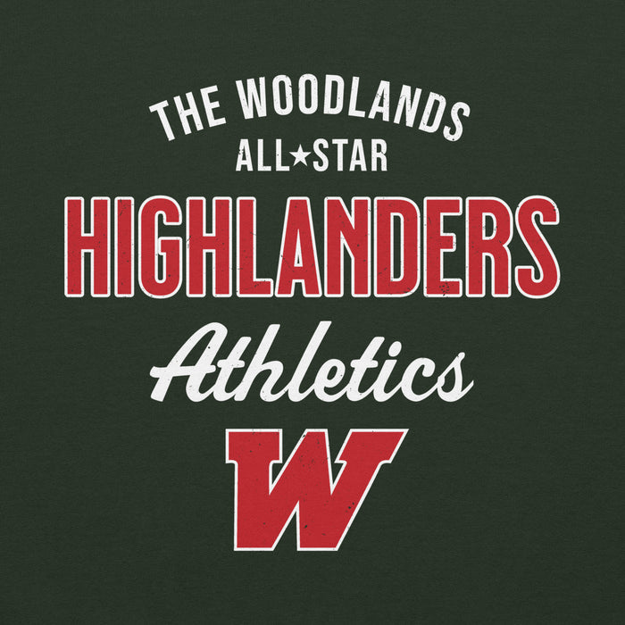 Close-up view of The Woodlands High School Highlanders Forest Green Classic Unisex Hoodie 034