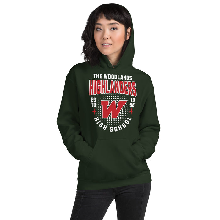 Woman wearing The Woodlands High School Highlanders Forest Green Classic Unisex Hoodie 204