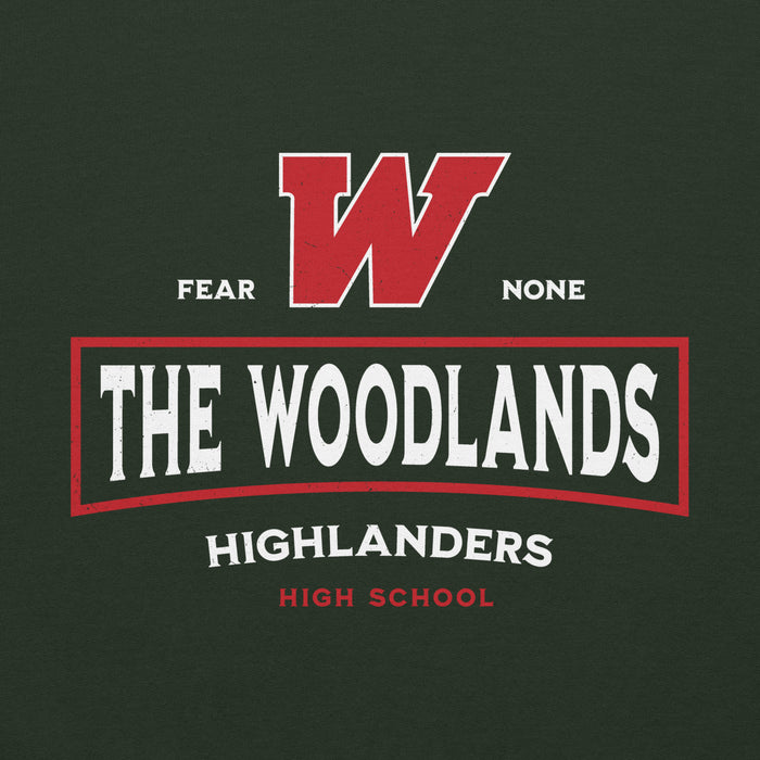 Close-up view of The Woodlands High School Highlanders Forest Green Classic Unisex Hoodie 202