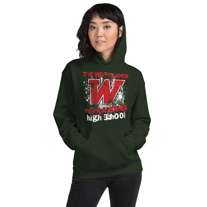 Woman wearing The Woodlands High School Highlanders Forest Green Classic Unisex Hoodie 205