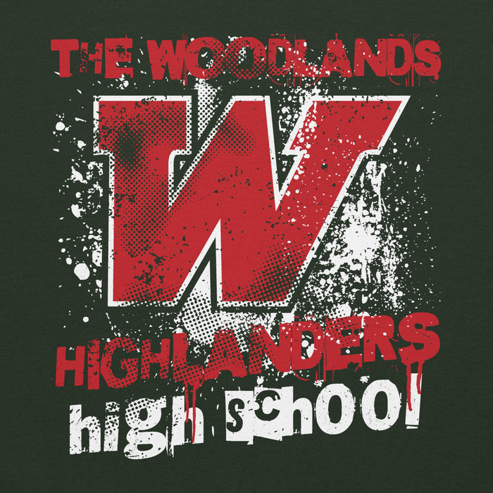 Close-up view of The Woodlands High School Highlanders Forest Green Classic Unisex Hoodie 205